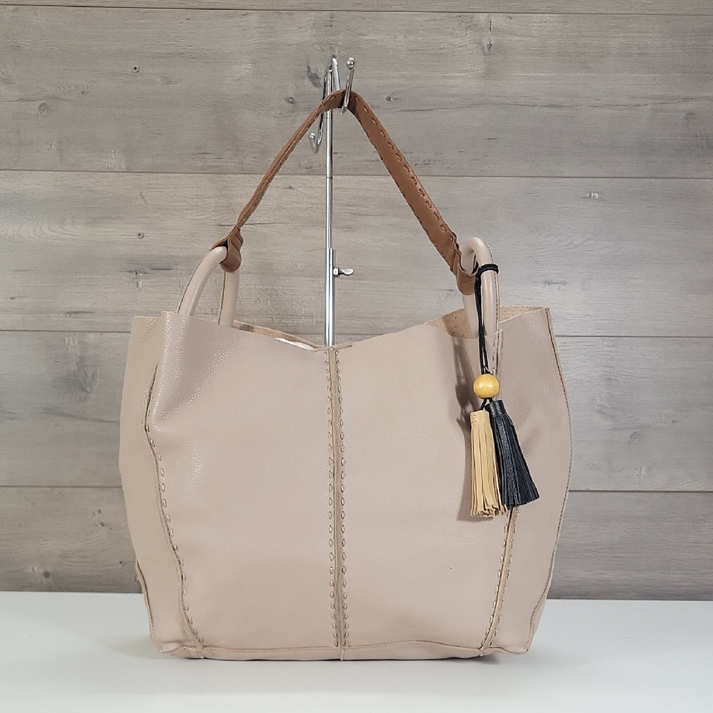 The Sak Los Feliz Beige/Brown Leather Tote Bag with Tassel Accent